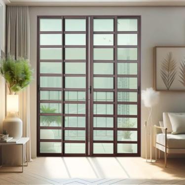 Imagem de Porta de Correr com Travessas 4 Folhas Moveis 210 X 200 Elite com Fecho Automático Vidro Liso Corten