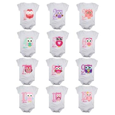 Imagem de Kit body de bebê mesversario manga curta estampa corujinhas 12 bodies 1 a 12 meses