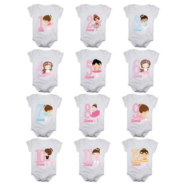 Imagem de Kit body de bebê mesversario manga curta estampa bailarinas 12 bodies 1 a 12 meses