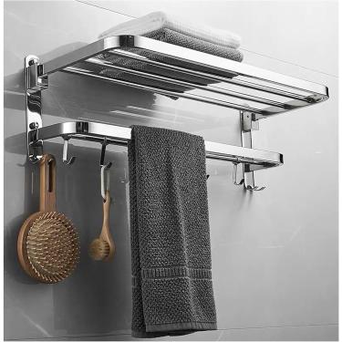 Imagem de Suporte de toalheiro de banheiro de aço inoxidável, toalheiros para montagem na parede, perfeito para cozinha, banheiro (prata) com ganchos, instalação de uso duplo, perfurador + sem perfura