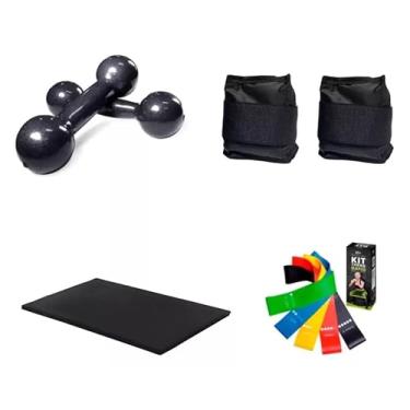 Imagem de Par Halter 2 Kg + Par Caneleira 3 Kg + Colchonete + Kit 5 Elásticos