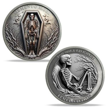 Imagem de BHealthLife Moeda Memento Mori - Token de lembrete estóico moeda de desafio de caveira - Memento Vivere Moeda medalhão estoicismo presentes motivacionais - Crânios e caixões