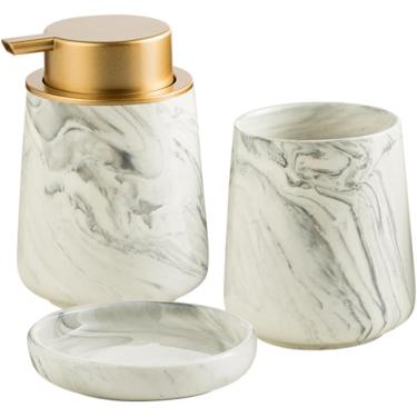 Imagem de Conjunto de banheiro de mármore cerâmico de quatro peças Acessórios de banheiro: porta escova de dentes, copo de escova de dentes, saboneteira, dispensador de sabão de espuma, conjunto de 3