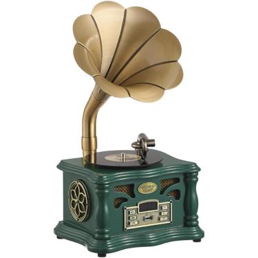 Imagem de Fonógrafo retrô, toca-discos de imitação de vinil de plataforma giratória BT com buzina de cobre, alto-falantes duplos de alta fidelidade integrados, para decoração de escritório/casa, verde