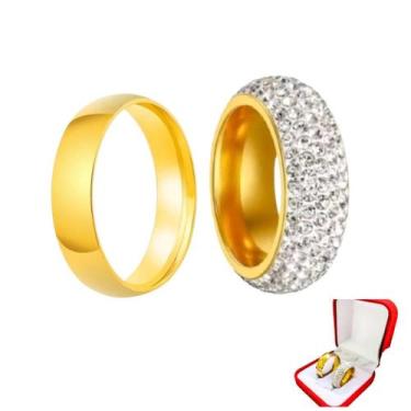 Imagem de Par Alianças Banhada Ouro 18k 8mm Lisa Anel Cravejado Pedras Zircônia 