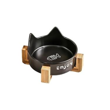 Imagem de XINCHANG Tigelas de cerâmica para animais de estimação, conjunto de tigela de comida e água para cães com suporte de madeira antiderrapante (tigela única de osso de peixe preto + moldura de madeira)