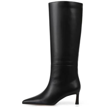 Imagem de Attiposh Botas de cano alto femininas salto gatinho largo bico fino camurça vestido moderno couro salto baixo botas altas sem cadarço, Blackpu, 36