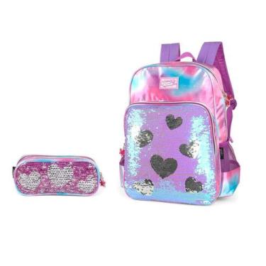 Imagem de Kit Mochila Costas Roxo Paetê + Estojo Duplo Larissa Manoela - Maxlog,