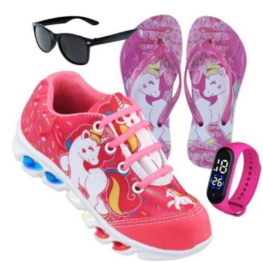 Imagem de Kit Tenis de led infantil meninas Ledstar calce facil Unicornio desenh