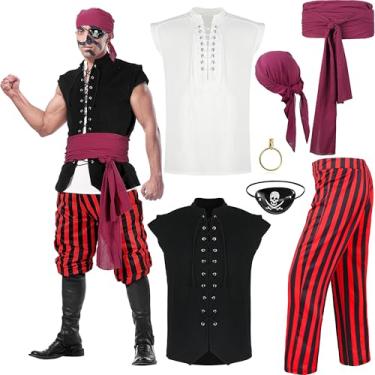 Imagem de Silicherry 7 peças de fantasia de pirata masculina Halloween com camisa de pirata viking renascentista colete medieval calça bandana faixa, Preto, vermelho, branco., G
