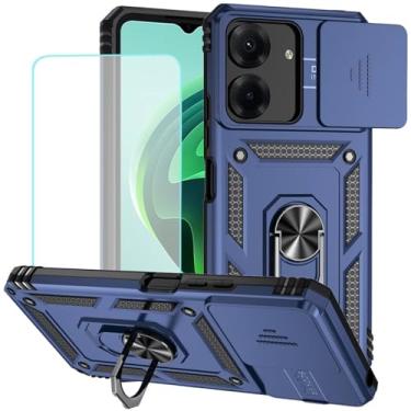 Imagem de Vokuha Capa para Redmi 13C, capa Poco C65 com protetor de tela de vidro temperado e capa de câmera deslizante, capa magnética com suporte de anel giratório de 360° para Xiaomi Redmi 13C azul