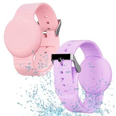 Imagem de Pulseira infantil para AirTag à prova d’água, de silicone macio, leve, pulseira com Air Tag oculto, rastreador GPS compatível com Apple AirTag, pacote com 2 unidades, roxo e rosa