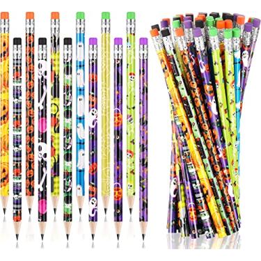Imagem de Lápis de Halloween a granel bonitos lápis de madeira com borracha padrões variados lápis abóbora fantasma bruxa lápis de natal papelaria para crianças presente prêmio lembrancinha de festa material de escritório escolar (48 peças)