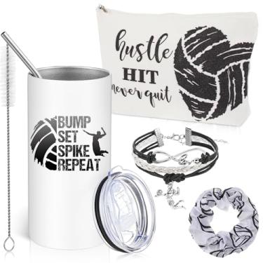 Imagem de Sieral 4 peças de presentes de voleibol para meninas, garrafa de água de 400 ml, pulseira elástica de cabelo, joias para meninas, bolsa com zíper, acessórios esportivos para amantes de música