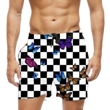 Imagem de Short Praia Shorts Banho Bermuda Verão Xadrez Borboletas Butterfly 879
