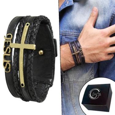 Imagem de Pulseira Ajustável Couro Masc Jesus Cruz Preta Ouro Velho - GRANADO AC