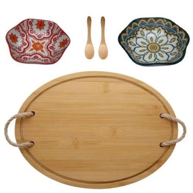 Imagem de Bandeja de bambu com alça em corda 2 mini bowl e colheres - Oikos