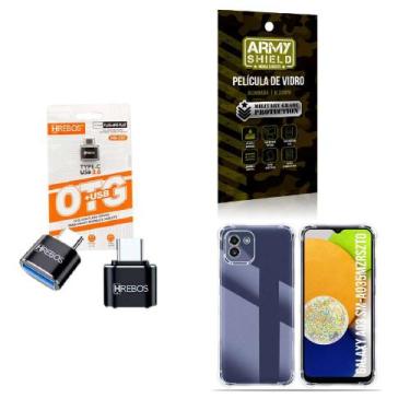 Imagem de Kit Adaptador USB para Tipo C + Capinha Samsung A03 + Película 3D - HR