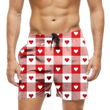 Imagem de Short Praia Shorts Banho Bermuda Verão Corações Xadrez Vermelho Red 10