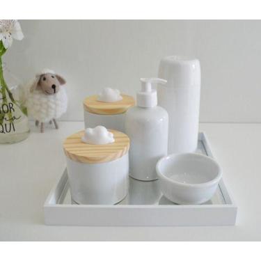 Imagem de Kit Higiene Porcelanas Bebê Bandeja Mdf Tampa Pinus Nuvem - Ciranda Ar