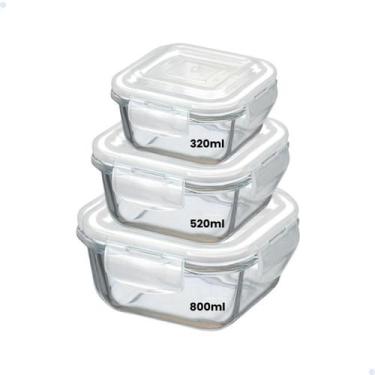 Imagem de Pote Vidro Hermético Quadrado 320 a 800ml Vedação Marmita 3 Unidades -