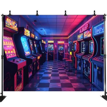 Imagem de Cenário de jogo retrô para fotografia, retro, videogame, crianças, sala de jogos, anos 80, 90, fliperama, decoração de festa de aniversário, banner, suprimentos, cabine fotográfica, adereços de