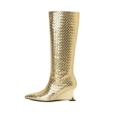 Imagem de UNWRBD Botas de cano médio trançadas de salto cunha de 6 cm botas de cano médio de emenda de inverno salto alto feminino, Dourado, US5.5 EU36
