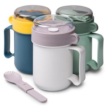 Imagem de MATICAN Caneca de sopa de micro-ondas com tampa, pacote com 3 recipientes para copo de sopa com tampa para macarrão Ramen, sopa, bebidas, seguro para micro-ondas, inclui garfo dobrável, 500 ml, cinza,