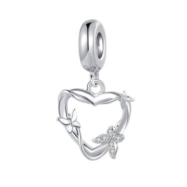 Imagem de MiiFort Pingente de borboleta de coração de ouro rosa prateado compatível com pulseiras Pandora Charms, One Size, Cobre, Sem Pedra Preciosa
