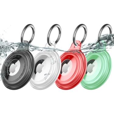 Imagem de Pacote com 4 chaveiros com resistência à água IPX8, leve, antiarranhões, fácil instalação, suporte macio de corpo inteiro para air tag à prova de choque para bagagem, chaves, coleira de cachorro