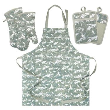 Imagem de RED LMLDETA luvas de forno e porta-panelas com avental de cozinha conjunto de 5, luvas de cozinha resistentes ao calor e pegadores de panela antiderrapantes de silicone, avental de chef com