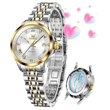 Imagem de OLEVS Relógio feminino automático diamante luxo data vestido feminino clássico auto-liquidação relógios de pulso luminosos à prova d'água, L6702: Pulseira de dois tons e mostrador branco
