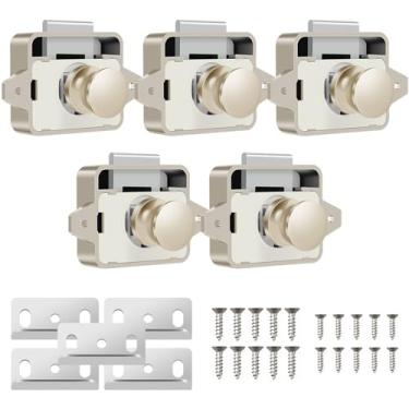 Imagem de 5 travas de botão de pressão para gaveta de porta de 15 a 18 mm sem chave com botão de pressão trava de porta de armário de liga de zinco mini trava de porta de armário com parafusos para trailers,