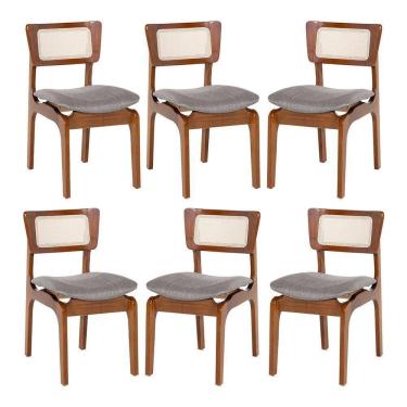 Imagem de Kit 6 Cadeiras De Jantar Portugal Madeira Imbuia Com Encosto Tela Rattan Linho Cinza L55