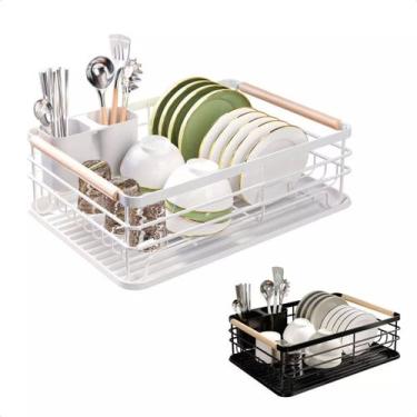 Imagem de Escorredor De Louça Para 9 Pratos C/ Porta Talher Preto Wbcom , Branco