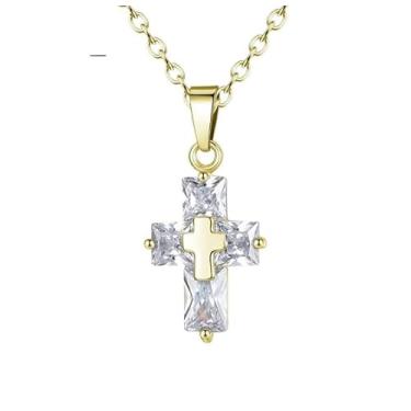 Imagem de Colar Feminino com Crucifixo "Holy Crystal" em Aço Inoxidável Dourado com Zircônias Cúbicas – Fé, Proteção Espiritual e Elegância – Acompanha Bolsa de Veludo