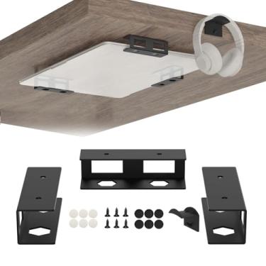 Imagem de Suporte para laptop embaixo da mesa de metal com almofadas antiarranhões compatível com laptop Lenovo, HP, Acer, Mac Mini, Macbook, teclado embaixo da mesa com suporte para fone de ouvido