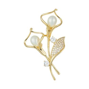 Imagem de Kokoma Broche de flor tulipa para mulheres CZ cristal pérola floral lapela alfinetes crachá corpete cachecol clipe clipes de segurança acessórios elegantes joias para casamento, 1.7 Inches, Cobre, Sem