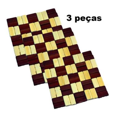 Imagem de 3 Descanso De Panela Apoio De Madeira Bambu Quadrado  Xadrez 14 Cm