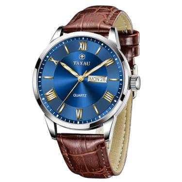 Imagem de Taxau Relógio masculino de couro, casual, à prova d'água, moderno, mostrador grande, analógico, quartzo, relógio de pulso masculino com data luminosa, Azul-g8408, round, Minimalista