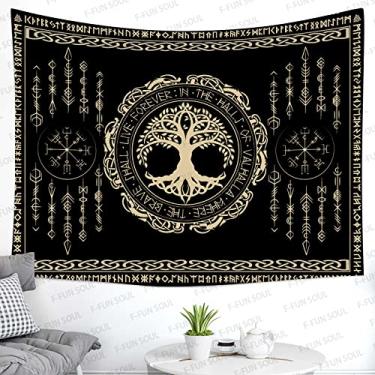 Imagem de F-FUN SOUL Tapeçaria Vikings nórdica, flanela macia de 152 x 101 cm, árvore da vida yggdrasil viking celta runa escandinava mitologia estética tapeçaria para decoração de quarto e sala de estar