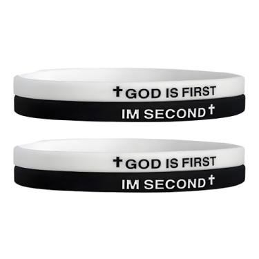 Imagem de LIU JUN Pulseira God Is First, pulseiras de borracha cristã inspiradoras gravadas versículos bíblicos cruz pulseira de silicone para mulheres homens presentes de fé, Large, Silicone, Sem Pedra