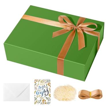 Imagem de souloduce Linda e resistente caixa de presente verde grande medindo 30 x 21 x 8,2 cm para presentes de aniversário - caixa inclui cartões, envelopes, fita e enchimento de papel desfiado (conjunto de