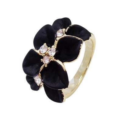 Imagem de Navachi Anel de flor de folhas de esmalte de cristal transparente banhado a ouro 18 k, 8, Zinco Zinco Esmalte, Cristal