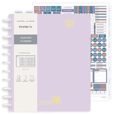 Imagem de POPRUN Teacher Planner 2025-2026, (tamanho carta encadernada em disco - 21 x 28 cm), planejador de aula acadêmico (julho de 2025 a junho de 2026) com abas mensais TP280DB-PP-LPK