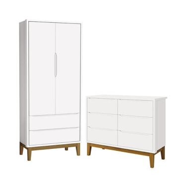 Imagem de Jogo de Quarto Infantil Classic Guarda Roupa 2 Portas e Cômoda 6 Gavetas com Pés Amadeirado - Reller Móveis Branco Fosco