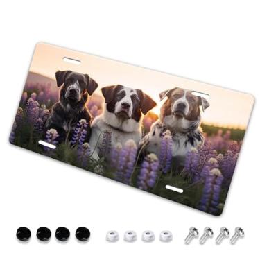 Imagem de Capa criativa para placa de licença Three King Dog Flowers - Etiqueta artística de alumínio, à prova de ferrugem, design exclusivo - 15 x 30 cm