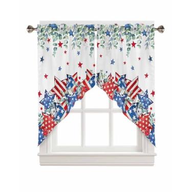 Imagem de Cortinas de cozinha patrióticas, bandeira americana, estrelas vermelhas e azuis, folhas de eucalipto, conjunto de saia de janela de 4 de julho, com bolso de haste, cortinas do Memorial Day para quarto