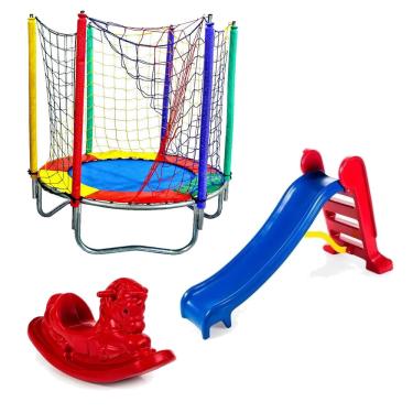 Imagem de Cama Elástica Pula Pula 1,40m Nacional + Escorregador Playground Médio + Gangorra 1 Lugar