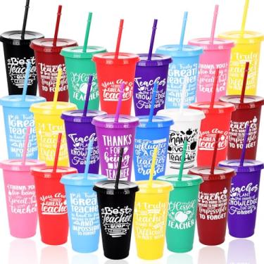 Imagem de FULJOOY Conjunto de copos de plástico reutilizáveis com tema Teacher Thank You - 12 designs personalizados, 680 g, material PP, tampas e canudos incluídos, conjunto de 24 peças para presentes de